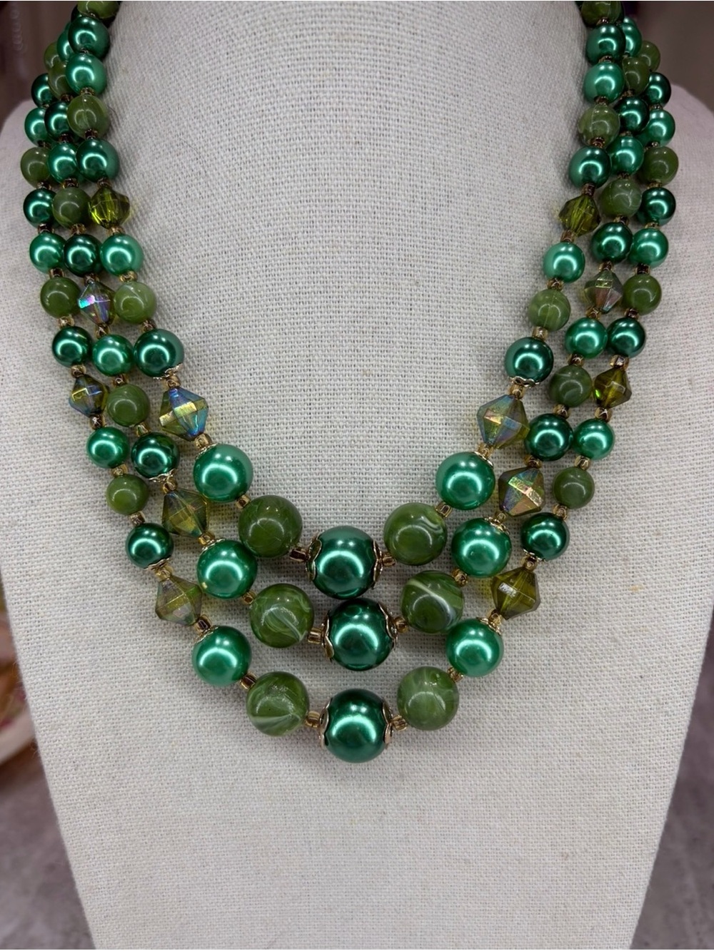 Vintage Three Strand Necklace Lucite Beaded Jewelry Japan/Hong Kong Layered